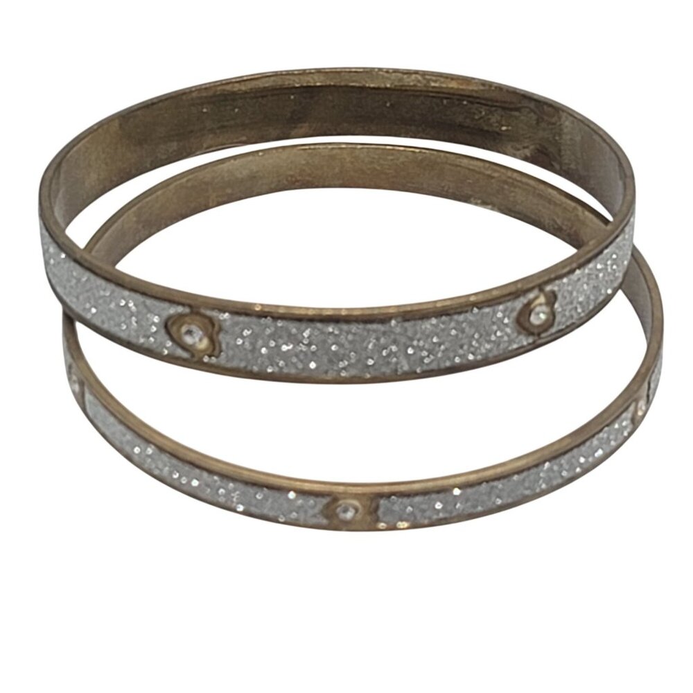Gold-Toned Glitter Enamel Bangles Heart Design Rhinestones Set Of 2 Bracelets